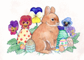Lapin mignon parmi les fleurs et &oelig;ufs